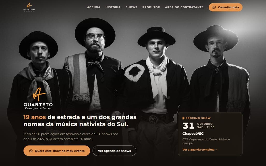 Página inicial do site Quarteto Coração de Potro